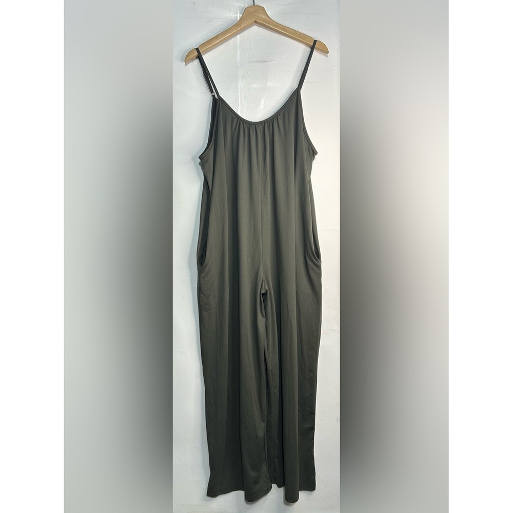 Olive Green Spaghetti Strap Jumpsuit Pockets Plus Size 1XL Wide Leg Casual P-98